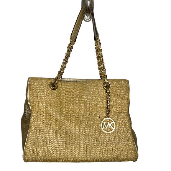 Michael Kors Gold Metallic and Straw Purse - Picture 1 of 11